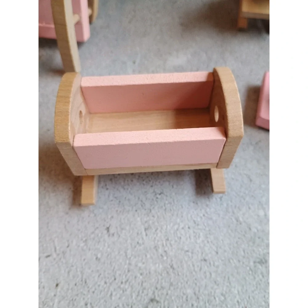 Wood Dollhouse Pink Nursery Set Crib High Chair Rocking Horse Cottage Style